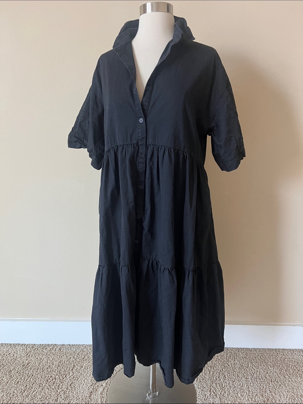 Merci Size S/M Classic Black Button-Front Tiered Shirt Dress